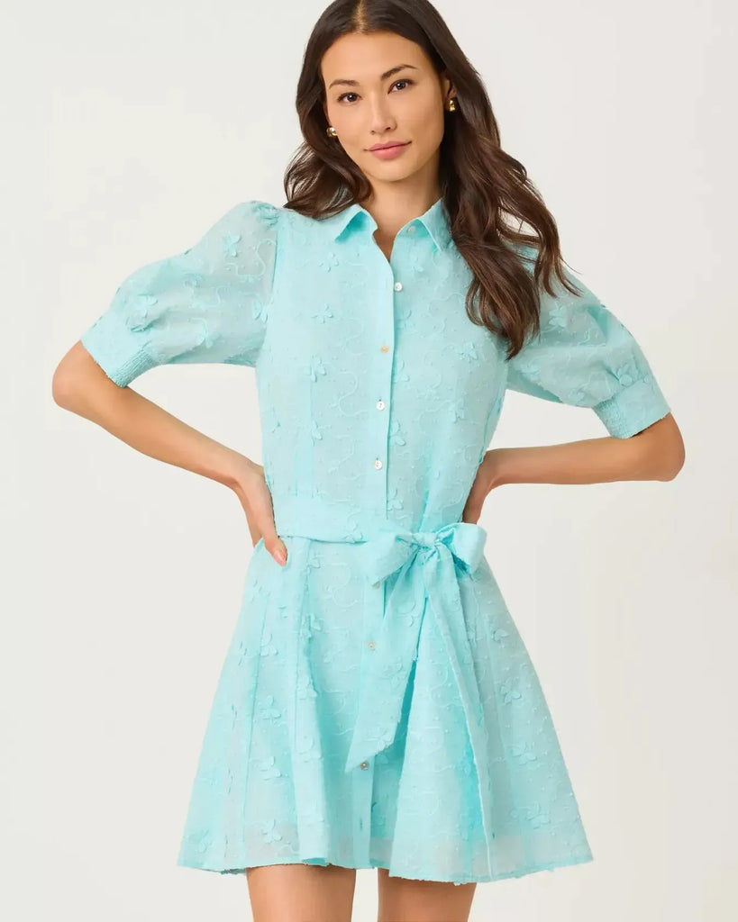 lark embroidered dress Larkyn Shirtdress Day Dream Blue Monarch Cotton Swiss Dot – The Island Cabana Designer Midi & Long Web Collection: Ruffles & Pleats add on:dress only and side pockets for