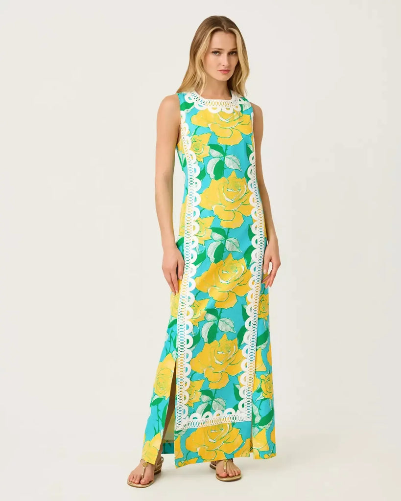 Lotta Stretch Maxi Shift Dress Blue Curacao Rose Bud – The Island Cabana