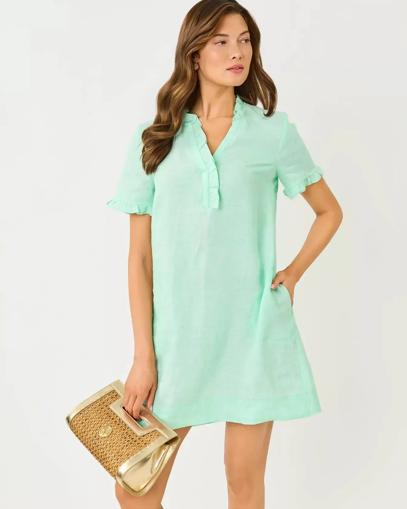 mint green linen dress Karen Millen Polished Linen Blend Asymmetric Fold Detail Tailored Midi Pencil Dress in Mint